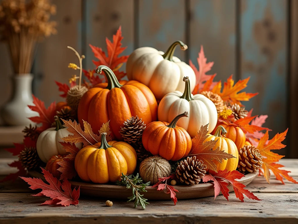 Warm harvest decoration with pumpkins, autumn leaves, and rustic elegant elements