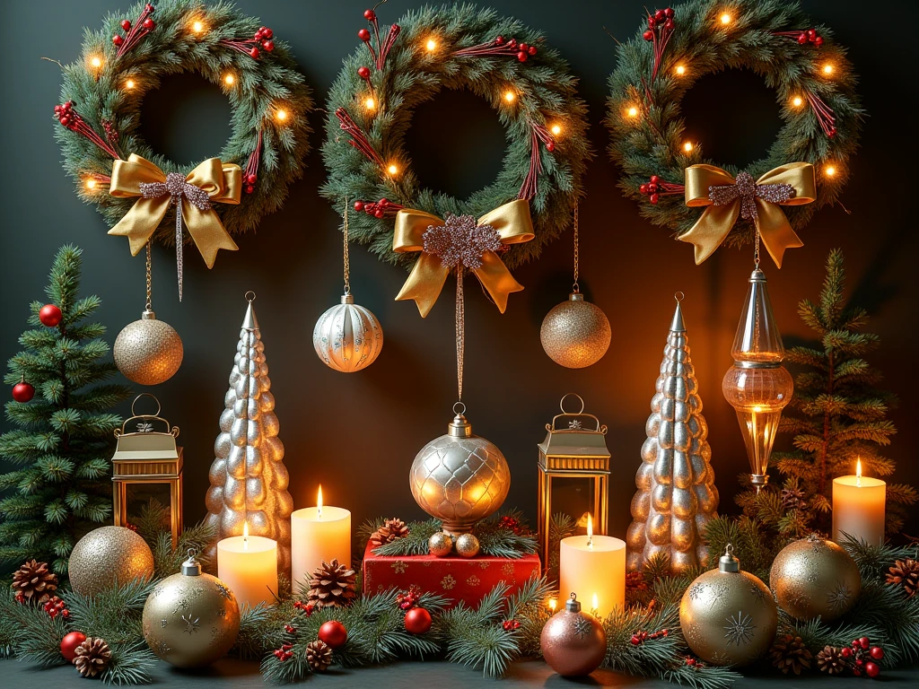 Premium Christmas decoration package featuring elegant ornaments, wreaths, and festive lighting