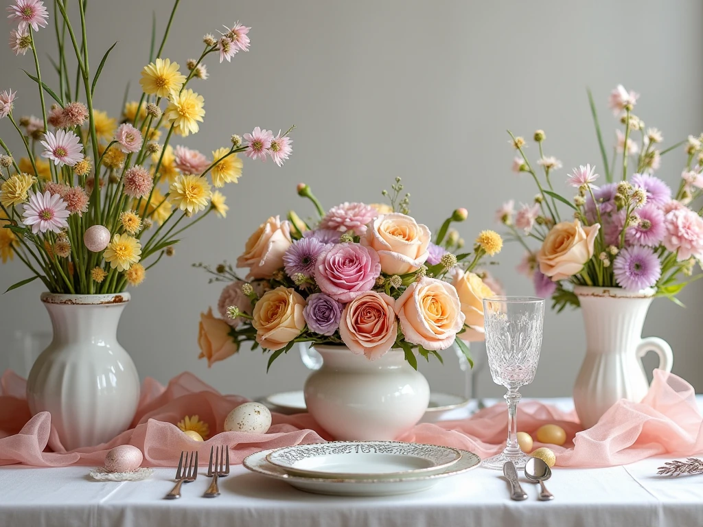 Elegant Easter decoration with pastel colors, fresh flowers, and refined table settings